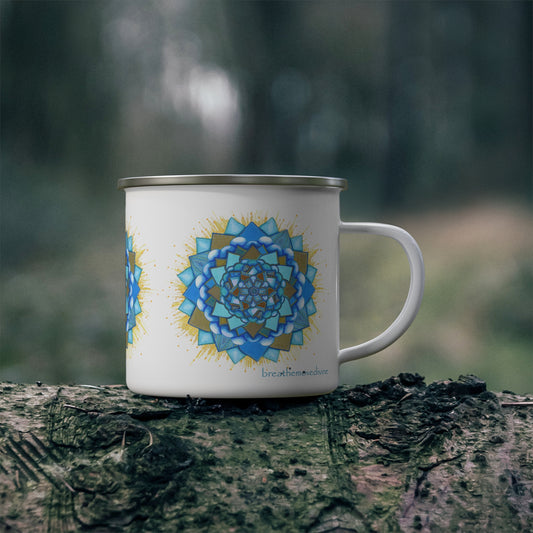 Voice Halo by breathemovedivine Enamel Camping Mug, Boho, Cottagecore, Witchcore Outdoor Drinkware