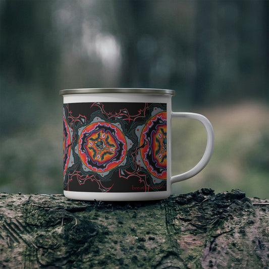 Scry Dance Pattern by breathemovedivine Enamel Camping Mug, Boho, Cottagecore, Witchcore Outdoor Drinkware