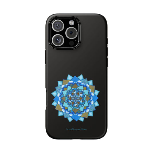 Black smartphone with a decorative blue and gold pattern on a white background