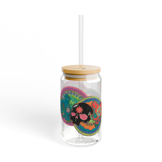 Untitled by breathemovedivine Vibrant Skulls Sipper Glass - 16oz Eco-Friendly Drinkware