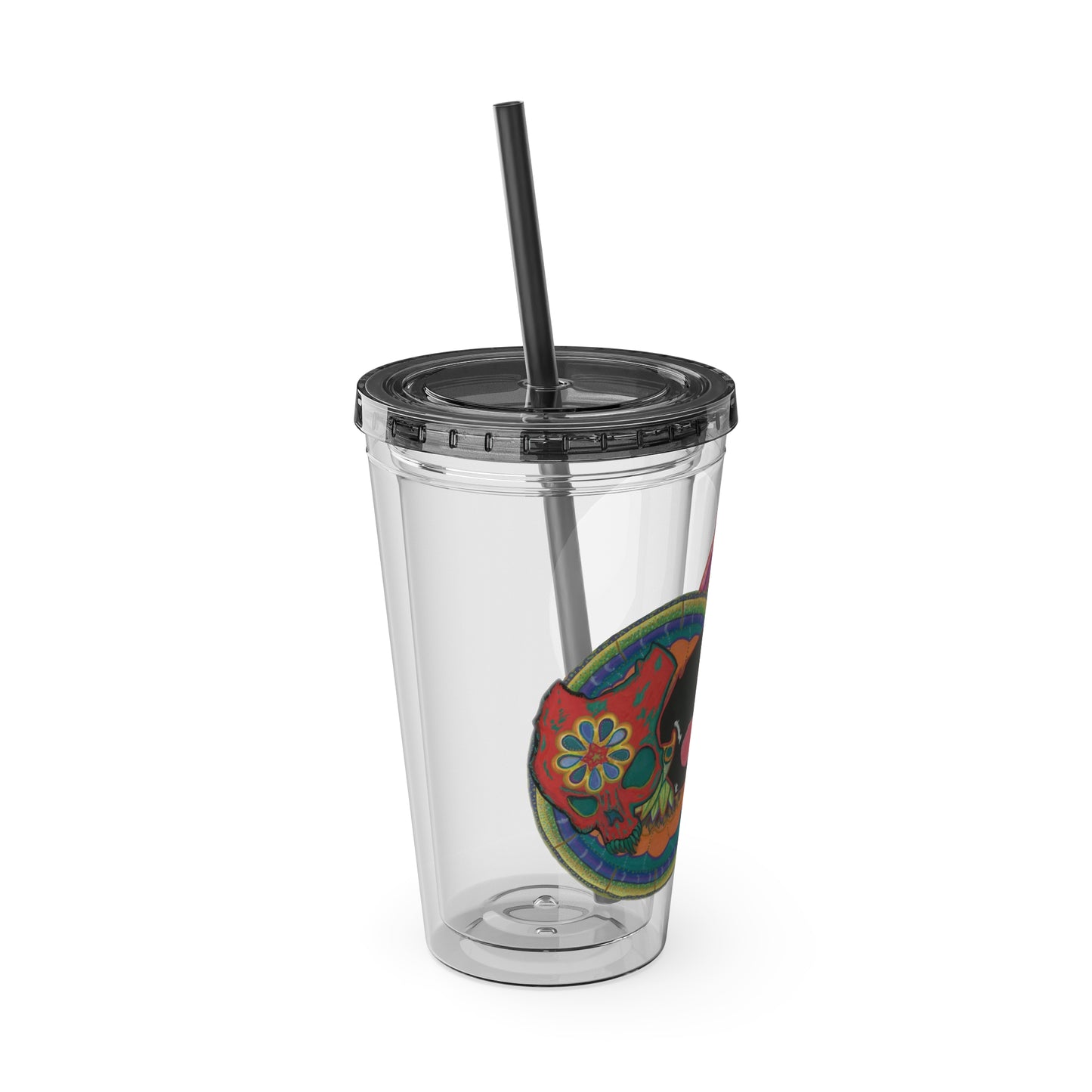 Untitled by breathemovedivine 16oz Acrylic Tumbler with Straw — Colorful Floral Skull Design