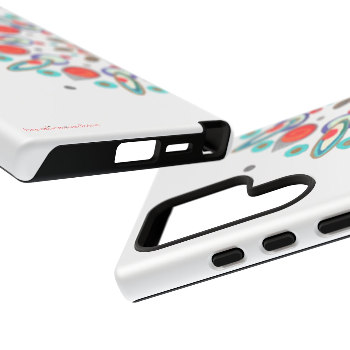 Two phone cases with colorful designs on a white background