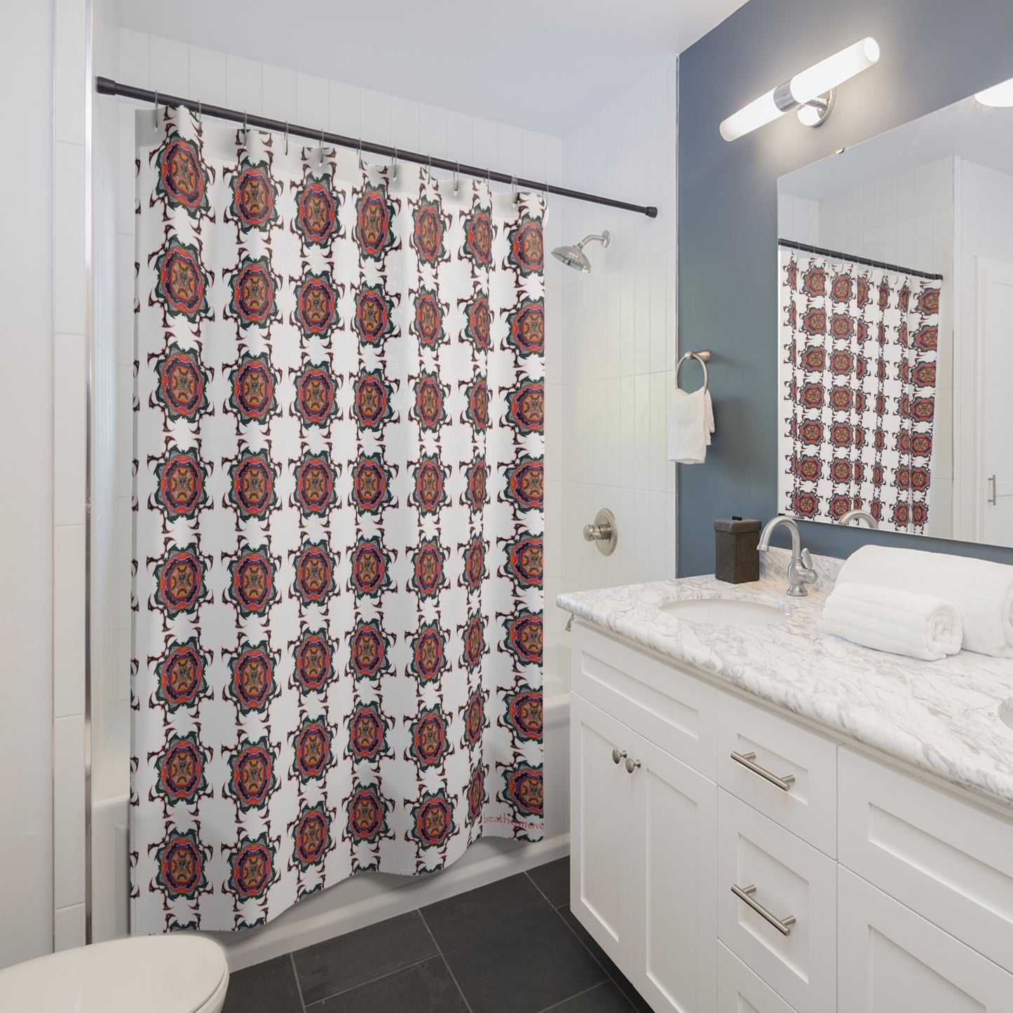 Scry by breathemovedivine Pattern Shower Curtain - Bats Mandala in White