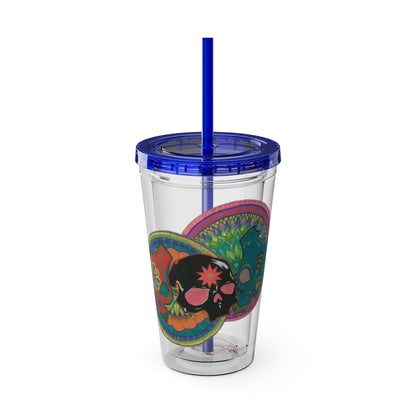 Untitled by breathemovedivine 16oz Acrylic Tumbler with Straw — Colorful Floral Skull Design
