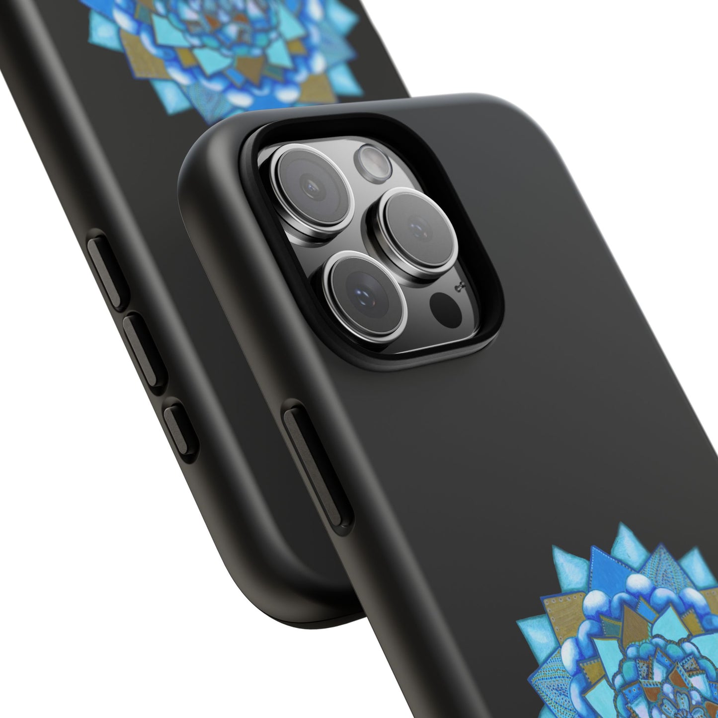 Black phone case with blue geometric design on a white background