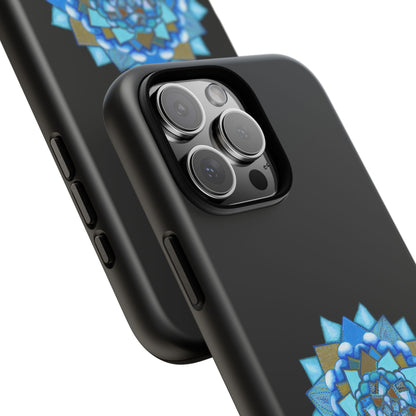 Black phone case with blue geometric design on a white background