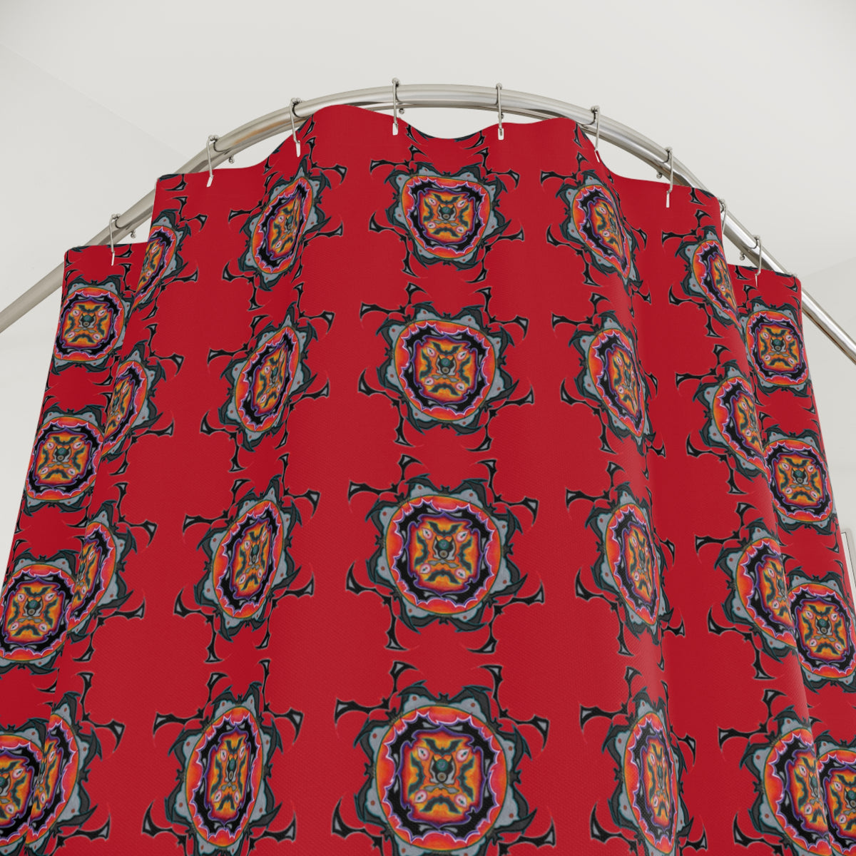 Scry by breathemovedivine Pattern Shower Curtain - Bats Mandala in Red