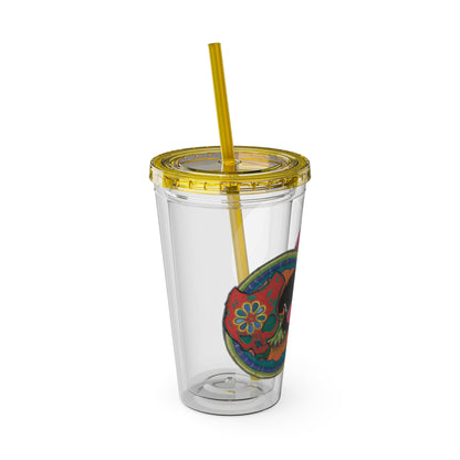 Untitled by breathemovedivine 16oz Acrylic Tumbler with Straw — Colorful Floral Skull Design