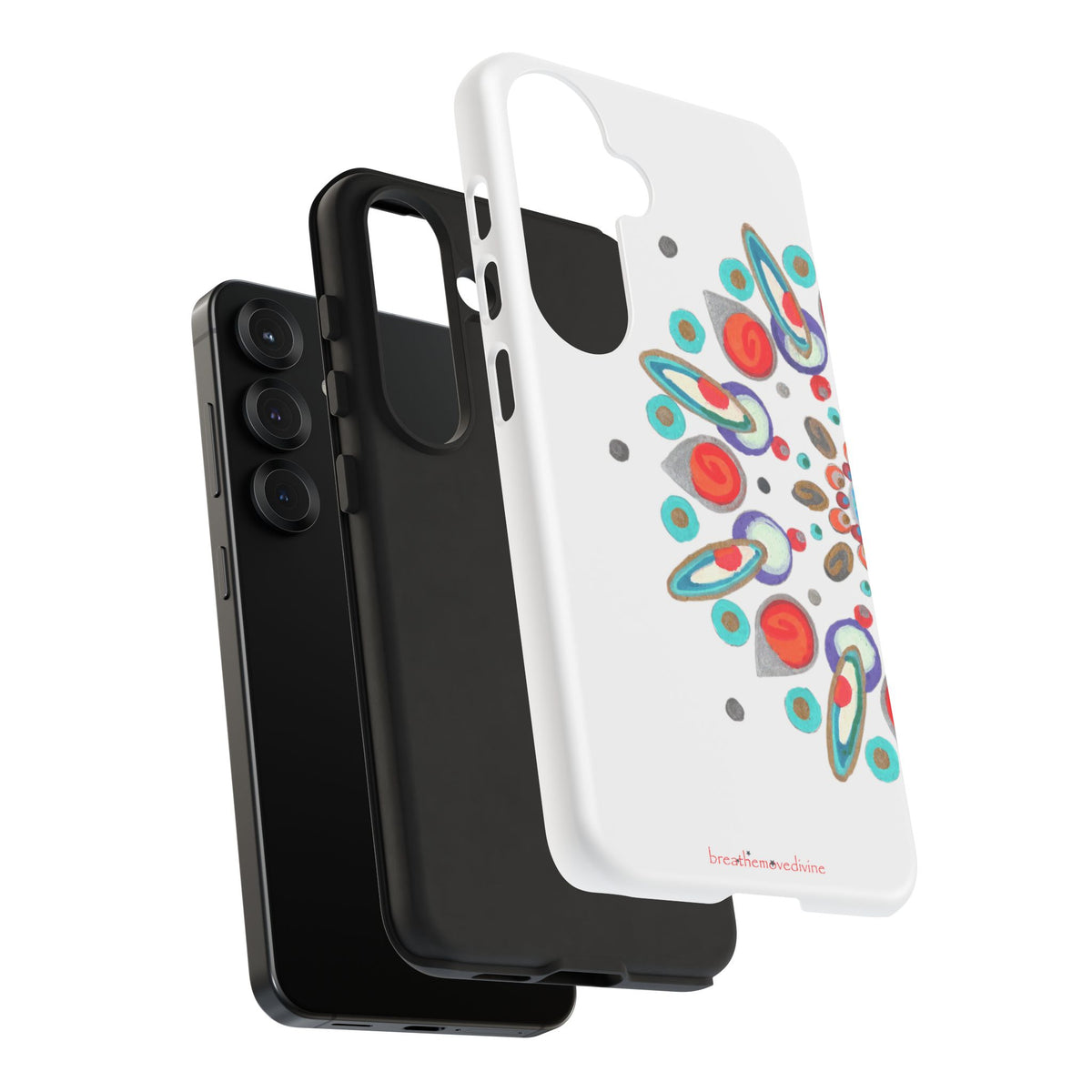 Phone case with colorful abstract design on a white background