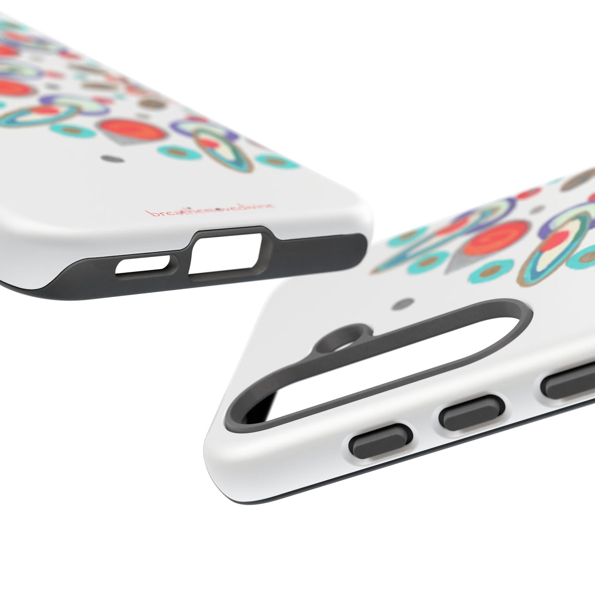 Two phone cases with colorful abstract designs on a white background