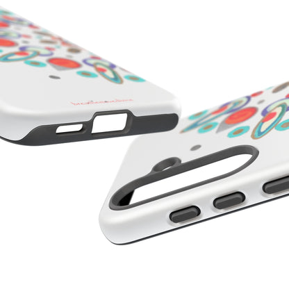 Two phone cases with colorful abstract designs on a white background