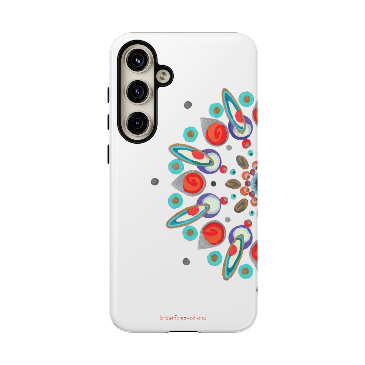 Phone case with colorful abstract design on a white background