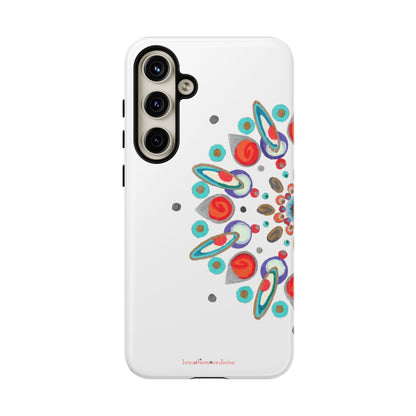 Phone case with colorful abstract design on a white background