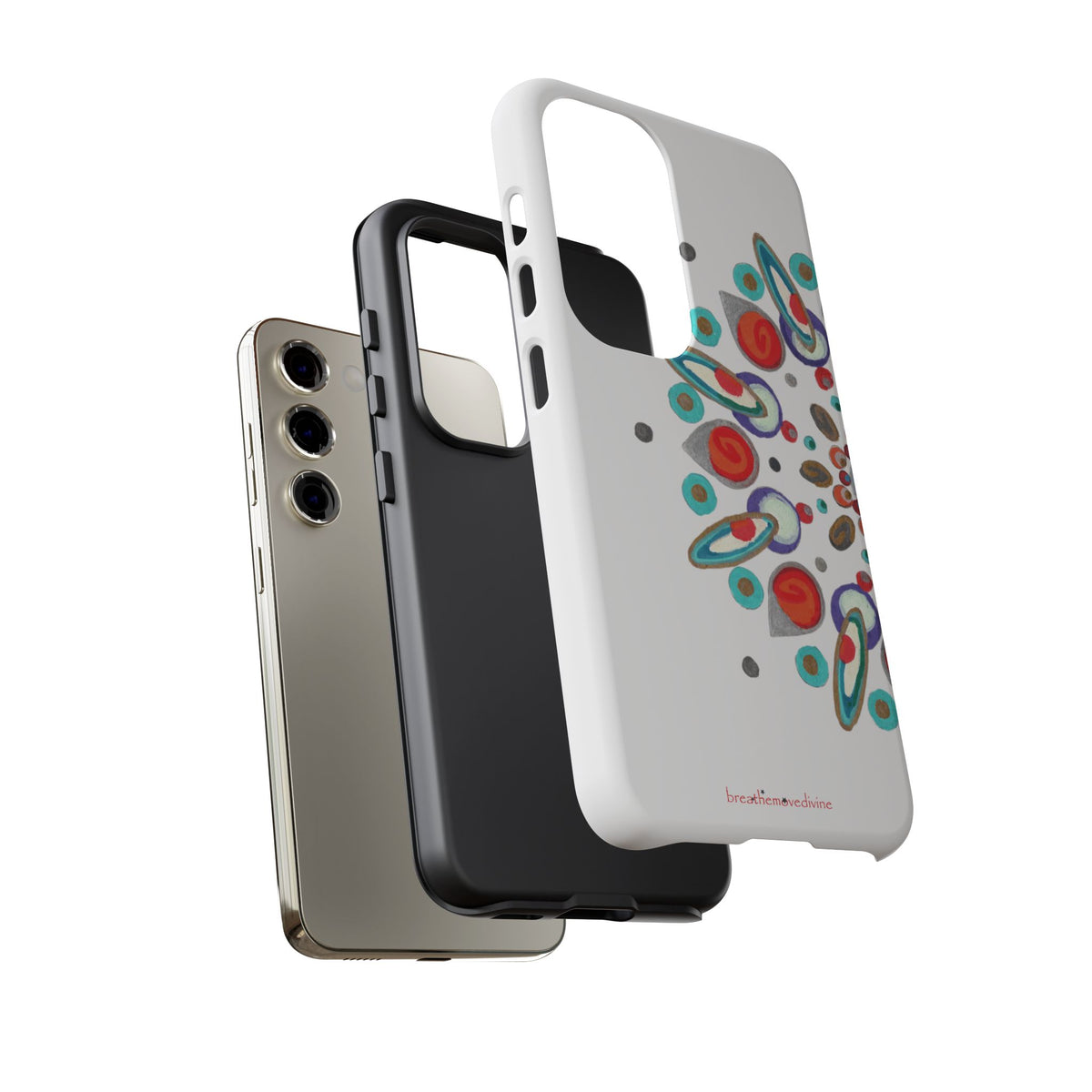 Phone case with colorful abstract design on a white background