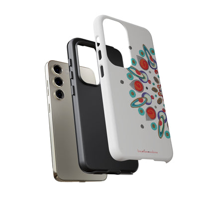 Phone case with colorful abstract design on a white background
