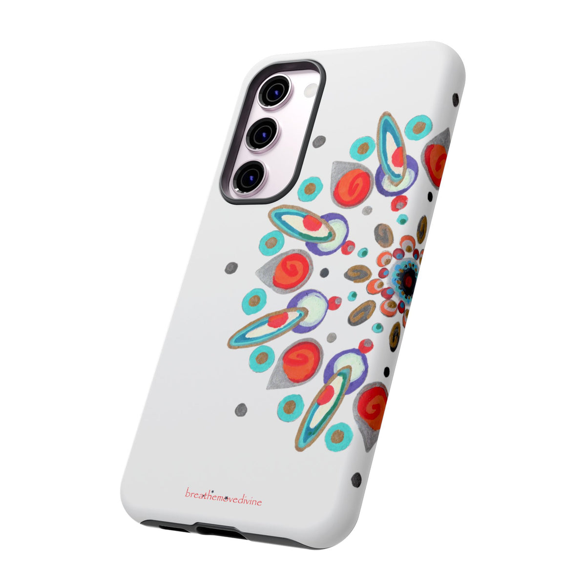 Phone case with Inner Eye breathemovedivine design on a white background