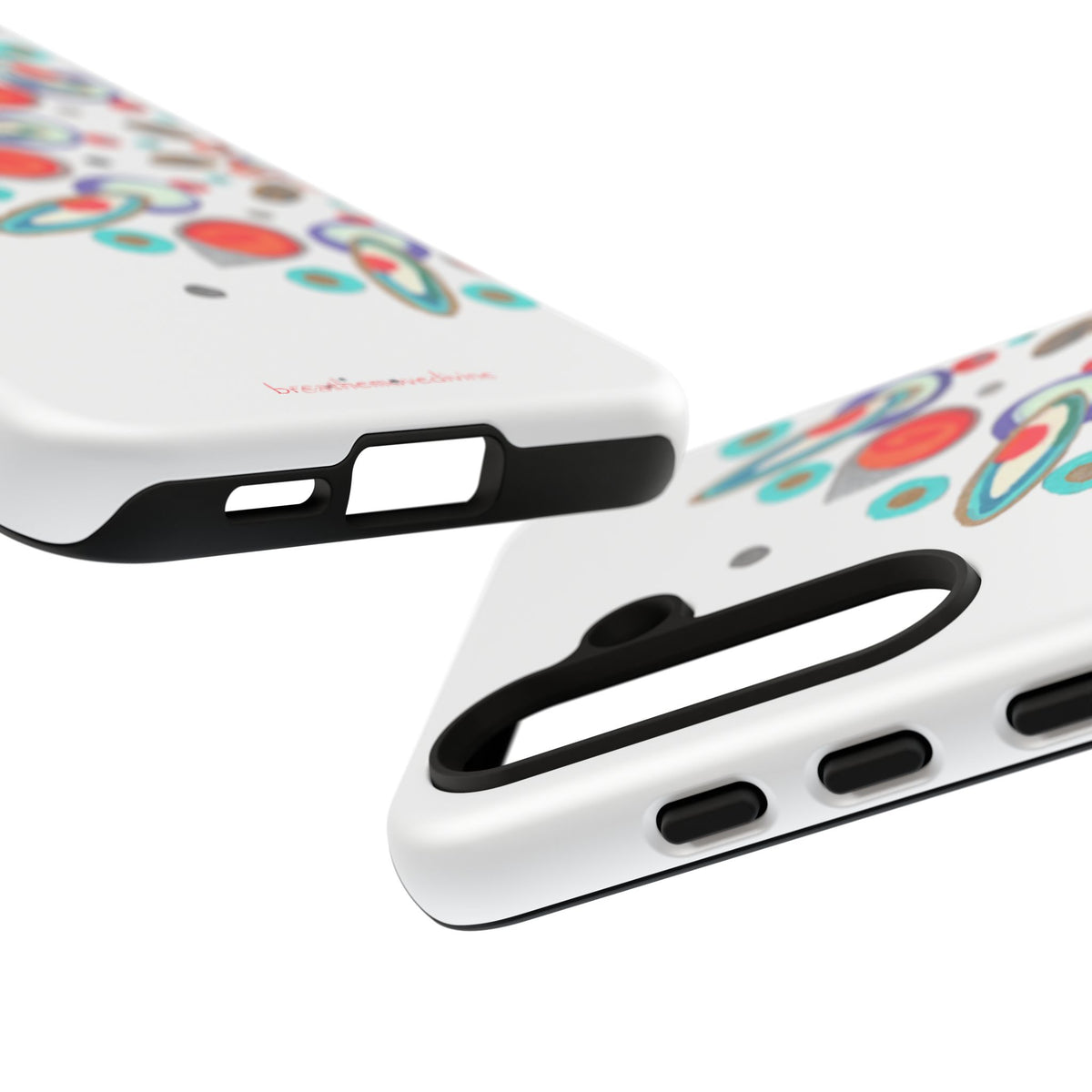 Two phone cases with colorful designs on a white background