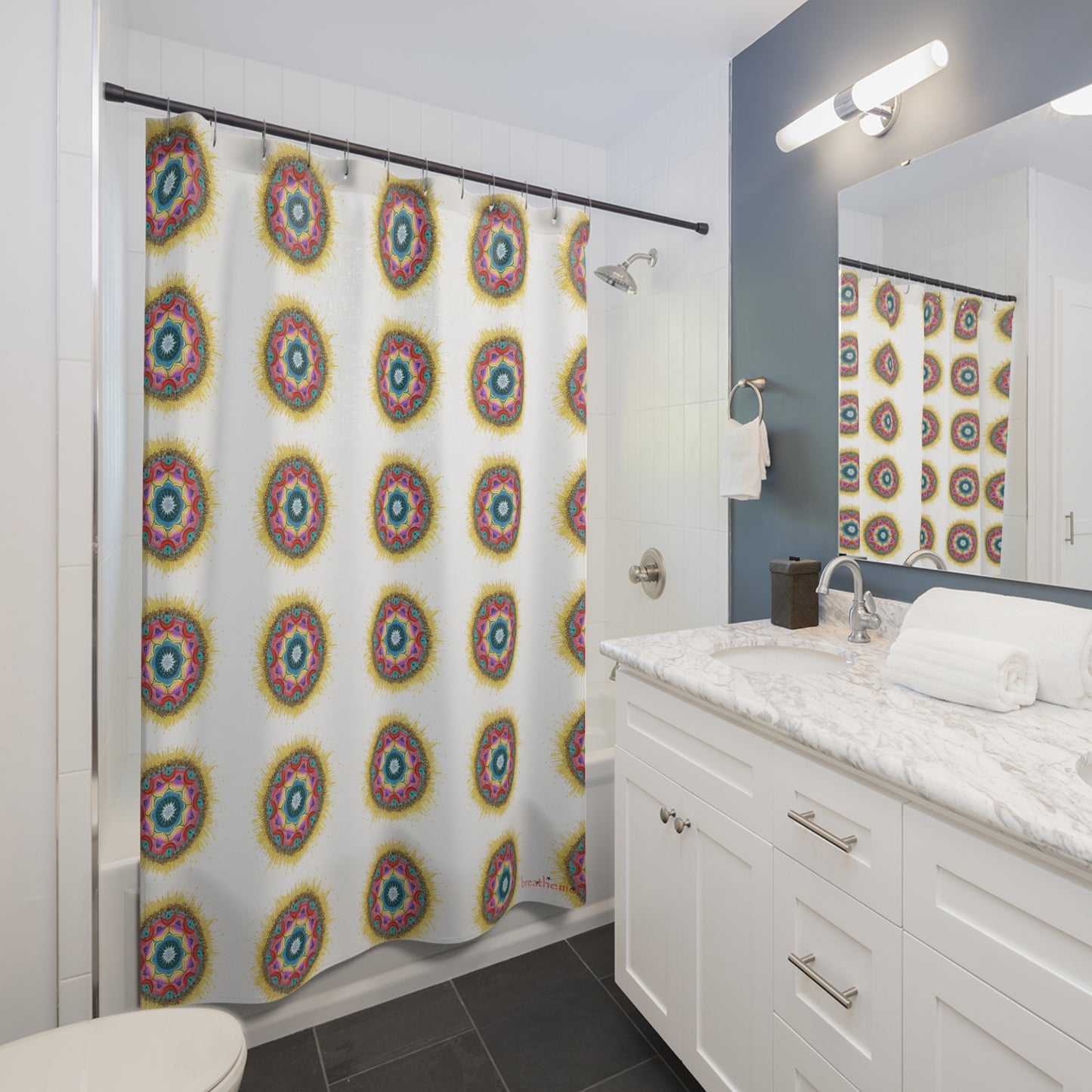 7 Chakras by breathemovedivine Shower Curtain
