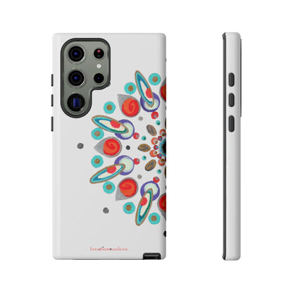 Phone case with colorful abstract design on a white background