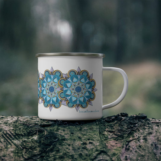 3 Chakras by breathemovedivine Enamel Camping Mug, Boho, Cottagecore, Witchcore Outdoor Drinkware