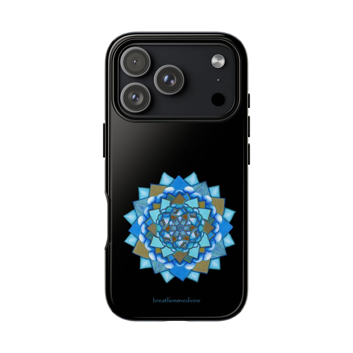 Black smartphone with a decorative blue and gold pattern on a white background