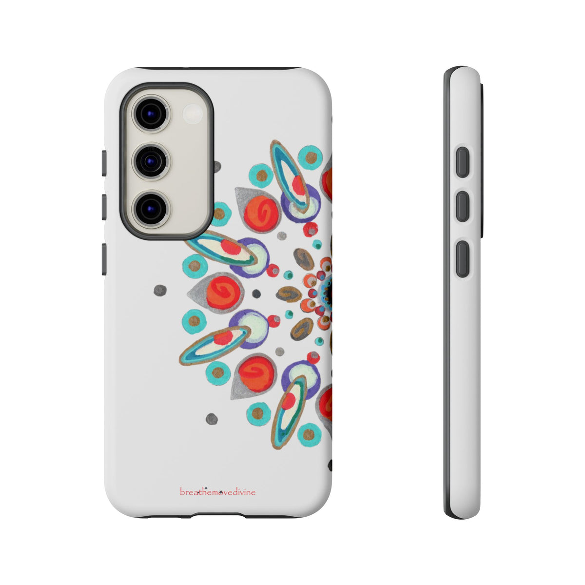 Phone case with colorful abstract design on a white background
