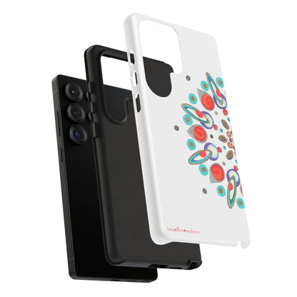 Black and white phone cases with colorful design on a white background