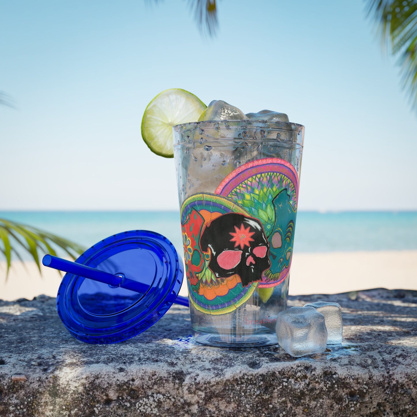 Untitled by breathemovedivine 16oz Acrylic Tumbler with Straw — Colorful Floral Skull Design