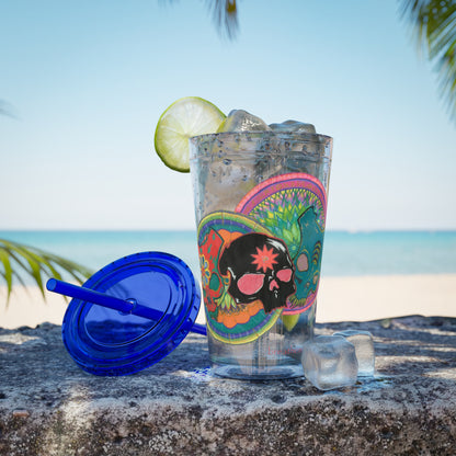 Untitled by breathemovedivine 16oz Acrylic Tumbler with Straw — Colorful Floral Skull Design
