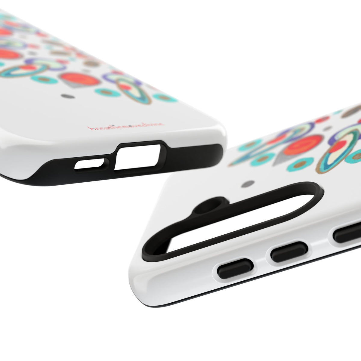 Two phone cases with colorful designs on a white background