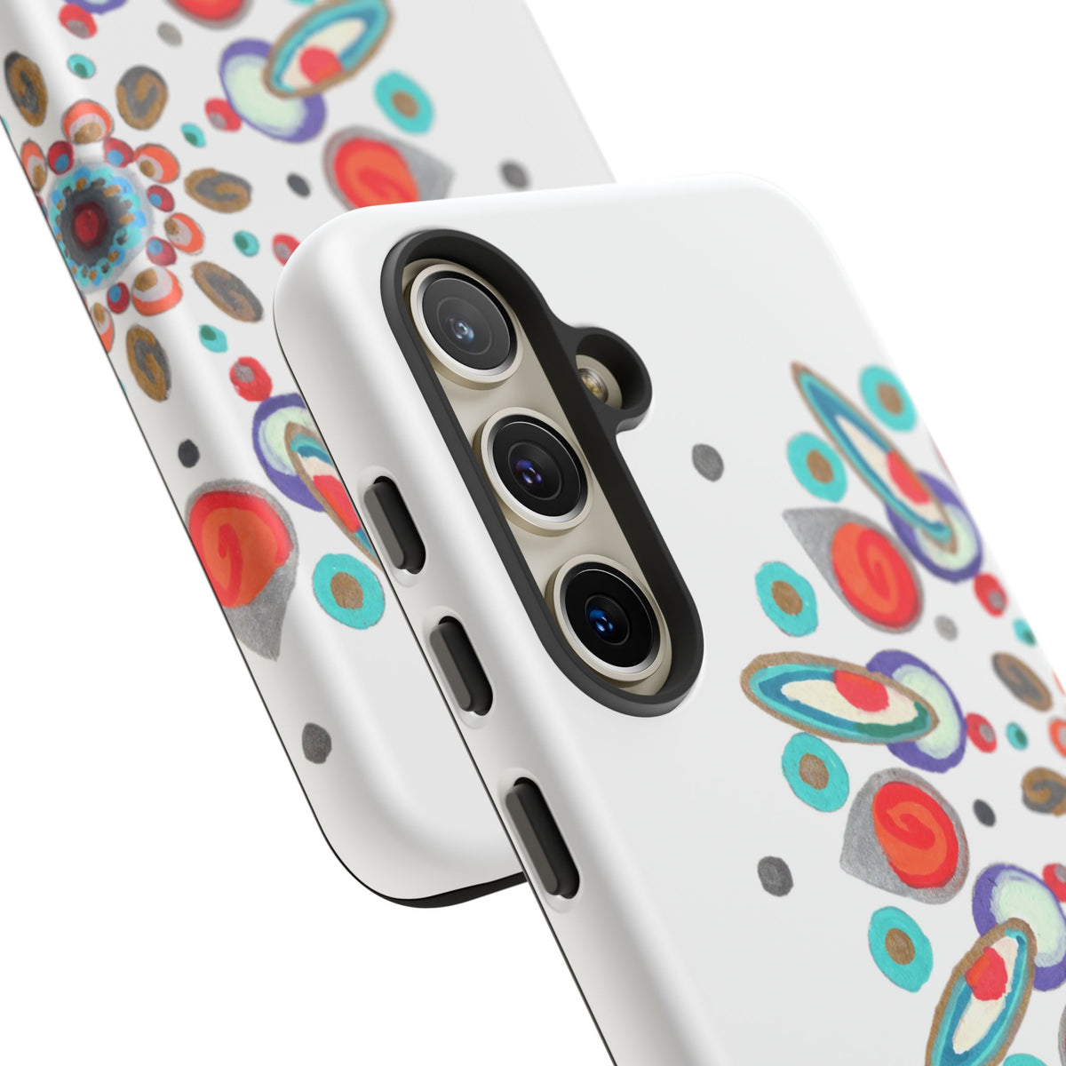 Phone case with colorful abstract design on a white background