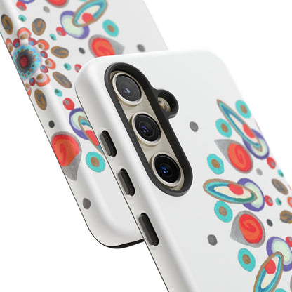 Phone case with colorful abstract design on a white background