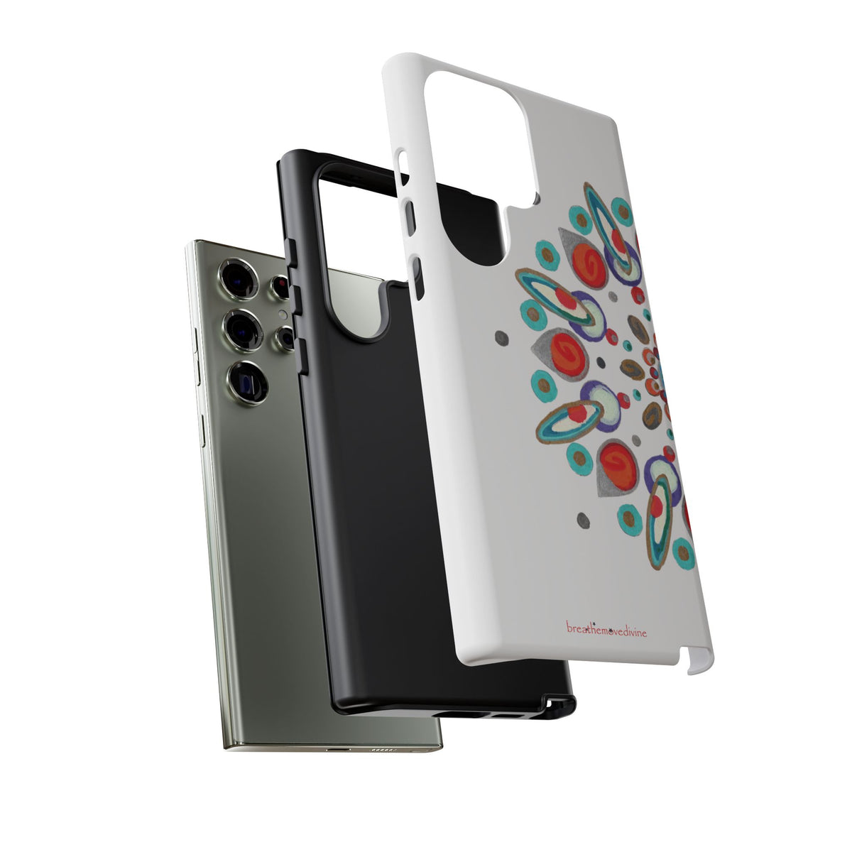Phone case with colorful abstract design on a white background