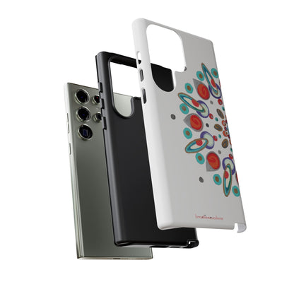 Phone case with colorful abstract design on a white background