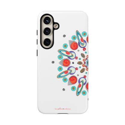 Phone case with colorful abstract design on a white background