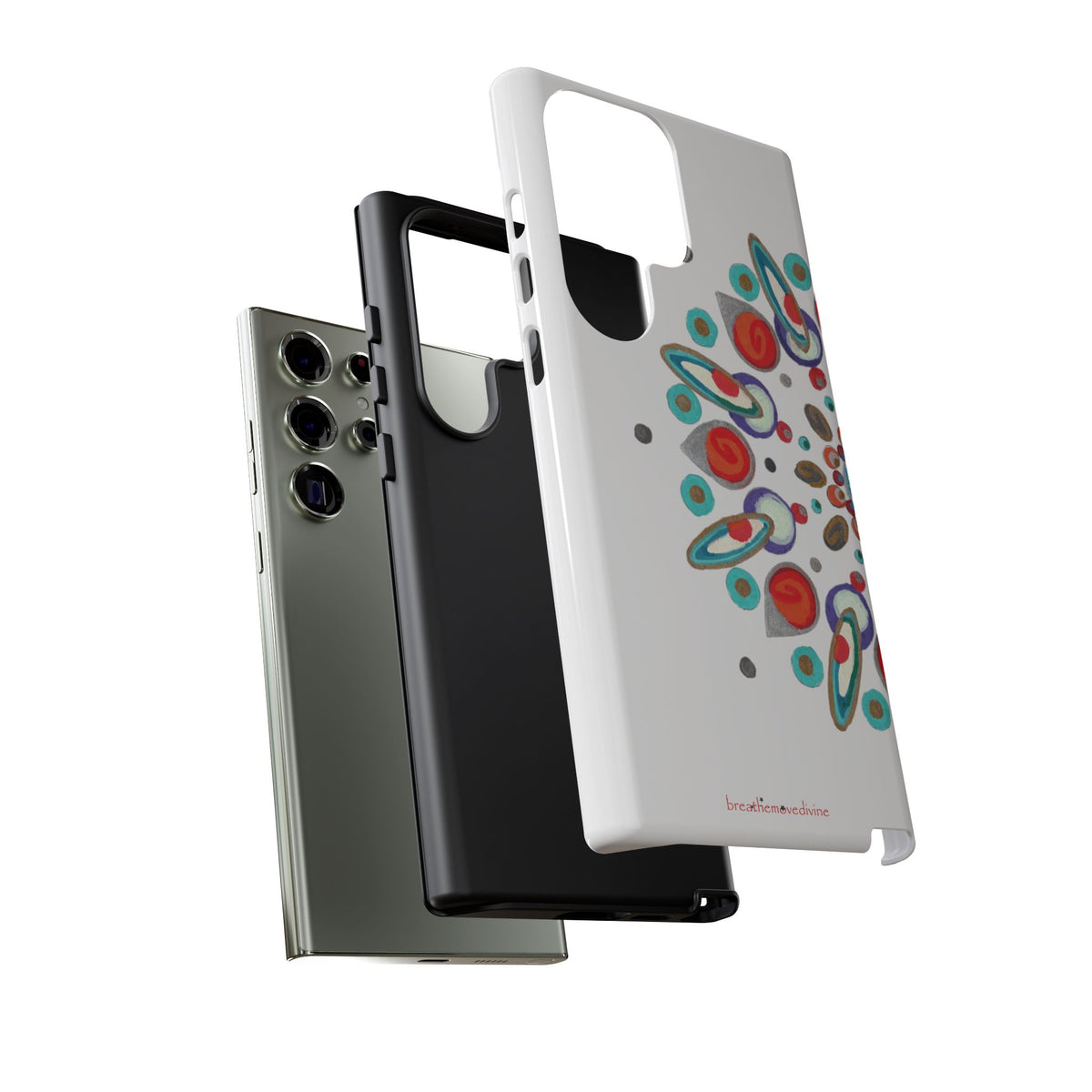 Phone case with colorful abstract design on a white background