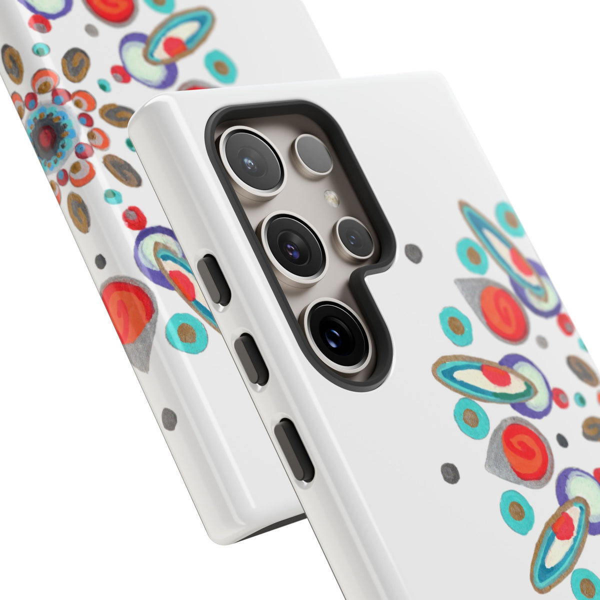 Phone case with colorful abstract design on a white background