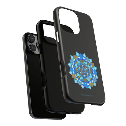 Black phone case with blue geometric design on a white background
