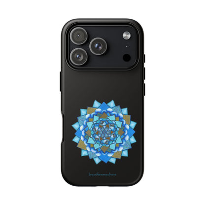 Black phone case with a blue and gold mandala design on a white background