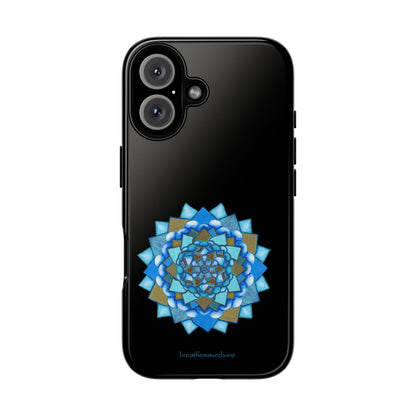 Black smartphone with a decorative blue and gold pattern on a white background