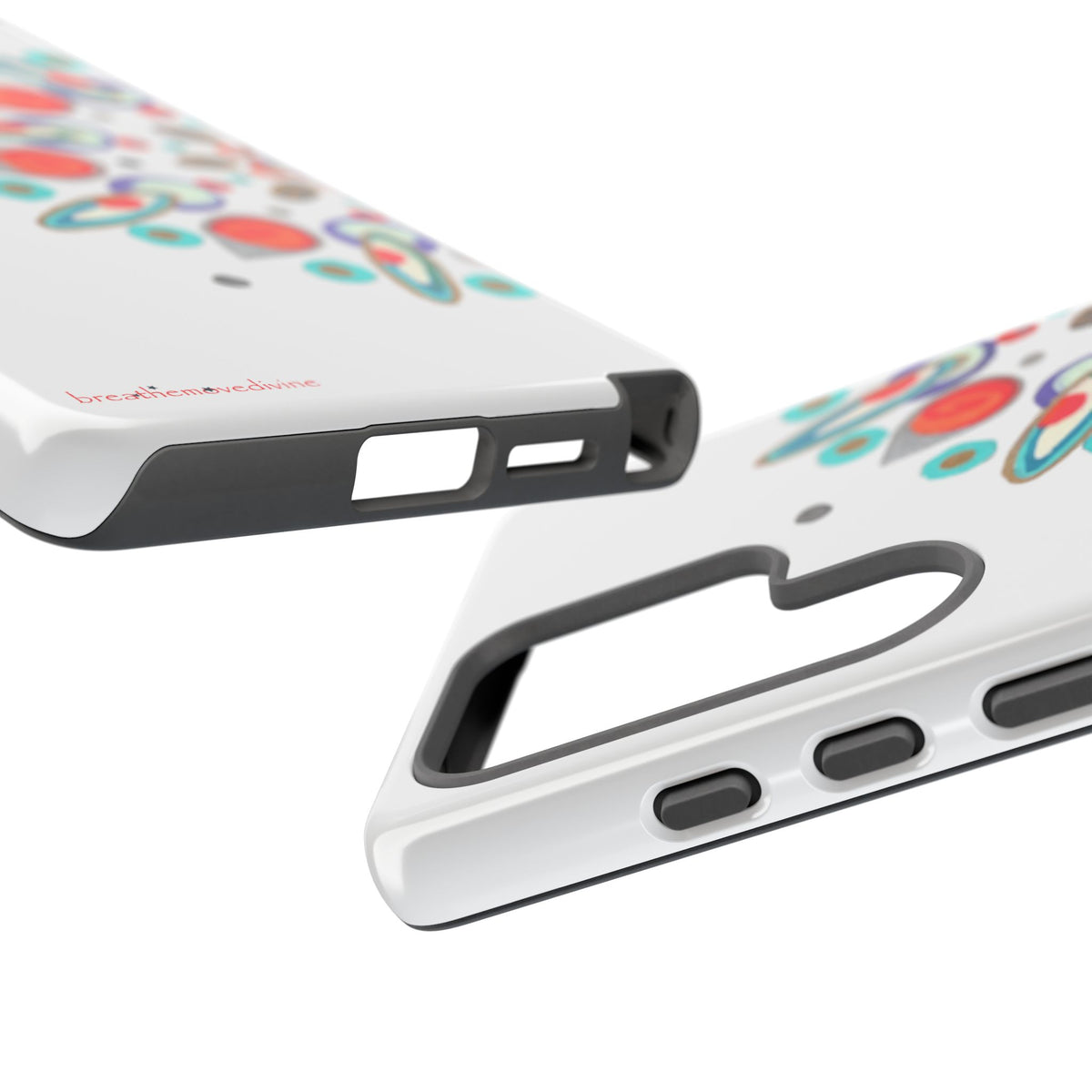 Two phone cases with colorful designs on a white background
