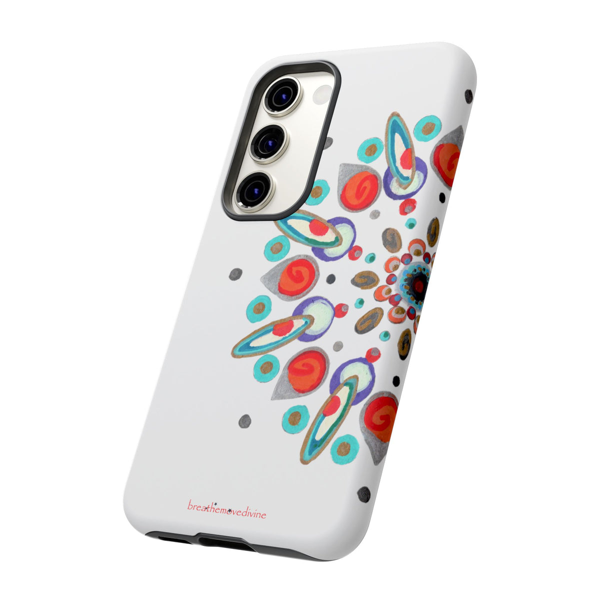 Phone case with Inner Eye breathemovedivine design on a white background