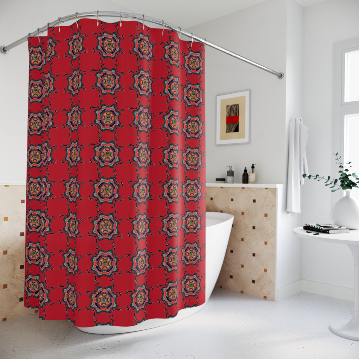 Scry by breathemovedivine Pattern Shower Curtain - Bats Mandala in Red