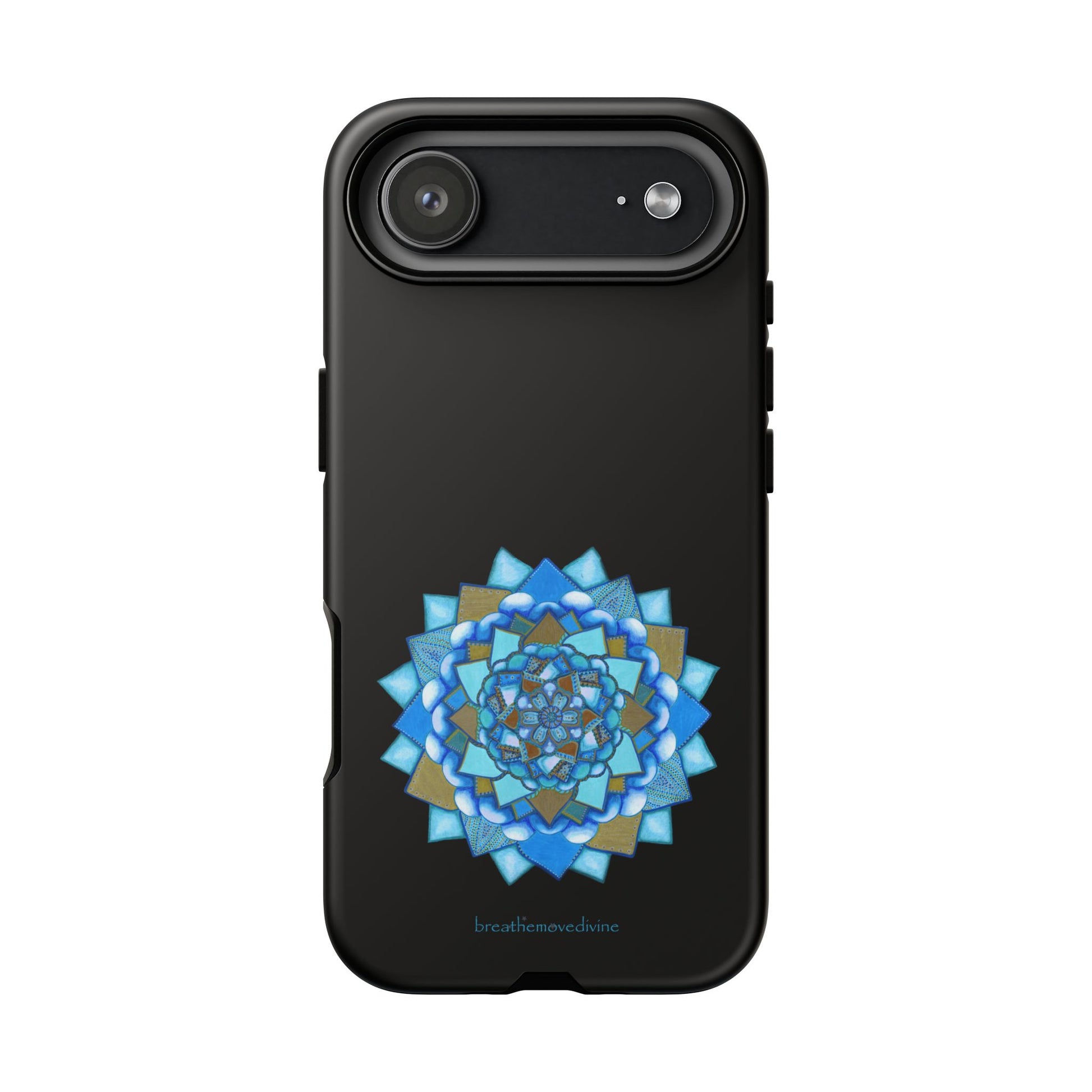 Black phone case with a blue and gold mandala design on a white background