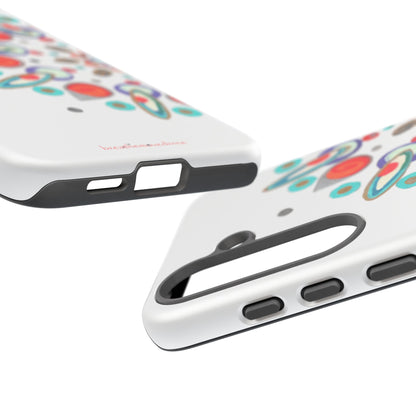 Two phone cases with colorful circular patterns on a white background