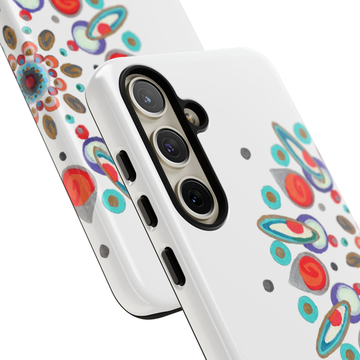 Phone case with colorful circular pattern on a white background