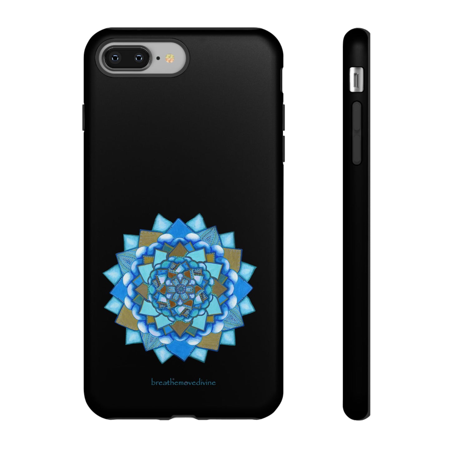 Phone case with blue and gold mandala design on a black background