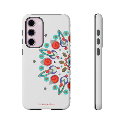Phone case with colorful abstract design on a white background