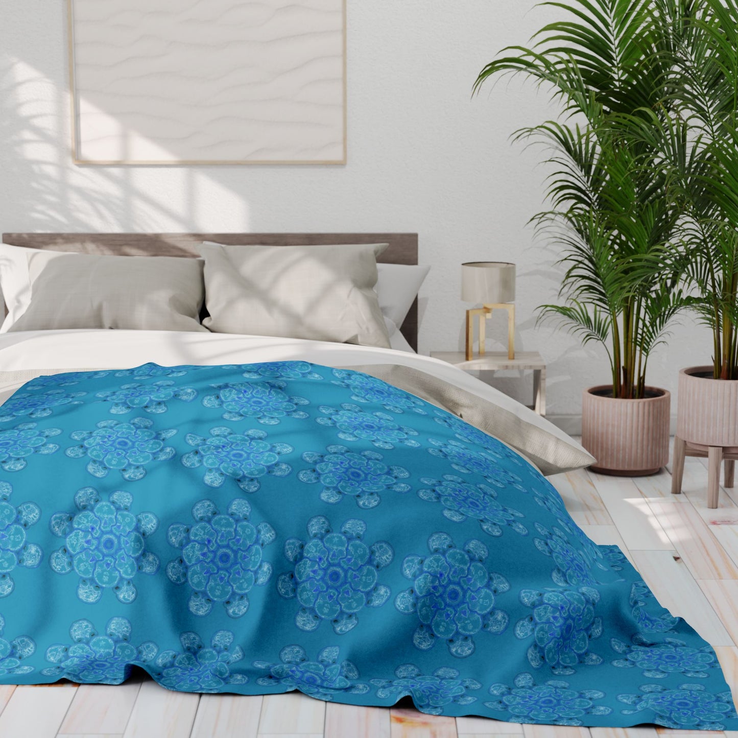 Flowers for Me Cozy Arctic Fleece Blanket | Live to Snuggle in Turquoise -  26.66 - Large on Bed 2
