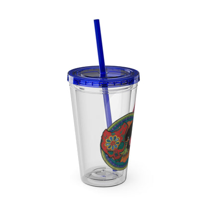 Untitled by breathemovedivine 16oz Acrylic Tumbler with Straw — Colorful Floral Skull Design